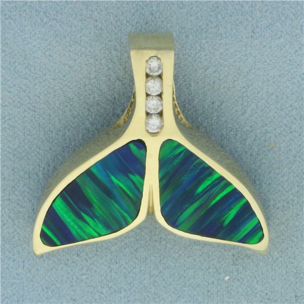 Diamond and Opal Inlay Whale Tail Pendant in 14k Yellow gold
