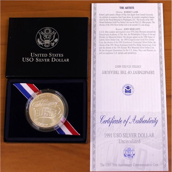 US Mint 1991 USO Silver Dollar Uncirculated Coin OGP