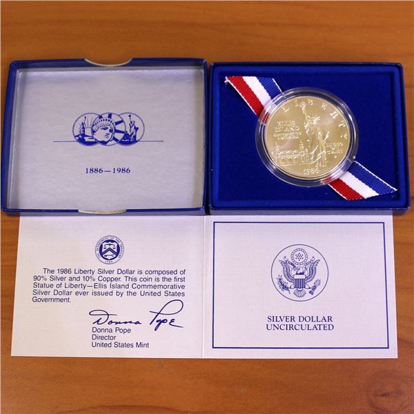 1986 US Mint Statue of Liberty Ellis Island Silver Dollar Coin OGP
