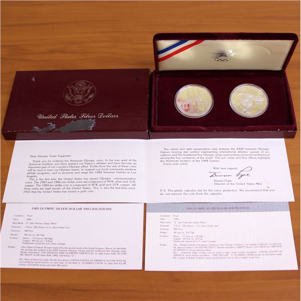 US Mint 1983 and 1984 Proof Silver Dollar Coin Set OGP