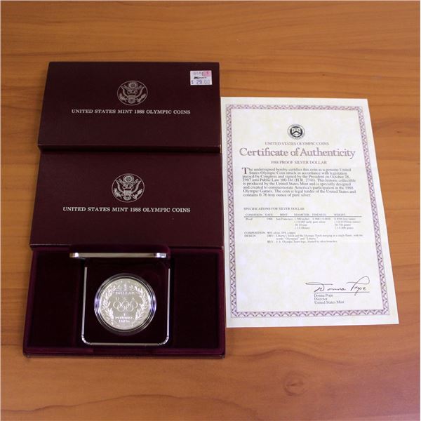 US Mint 1988 Olympic Proof Silver Dollar Coin OGP