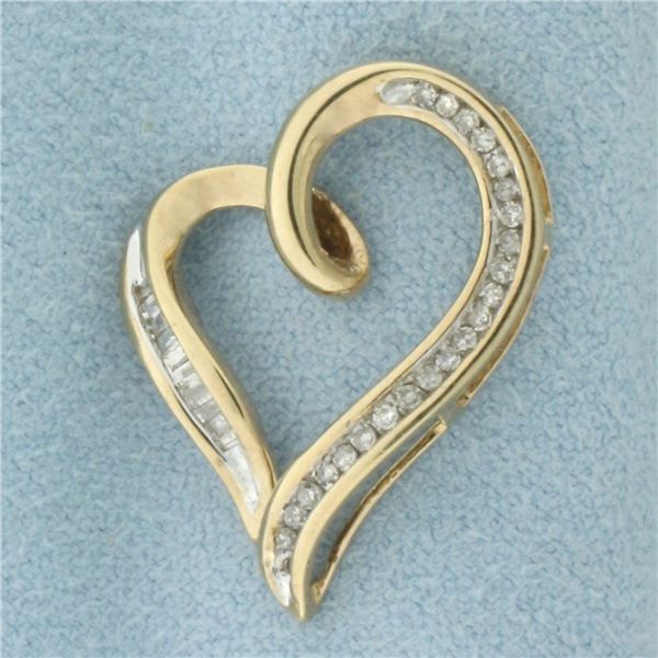 Baguette and Round Diamond Heart Pendant in 10K Yellow Gold