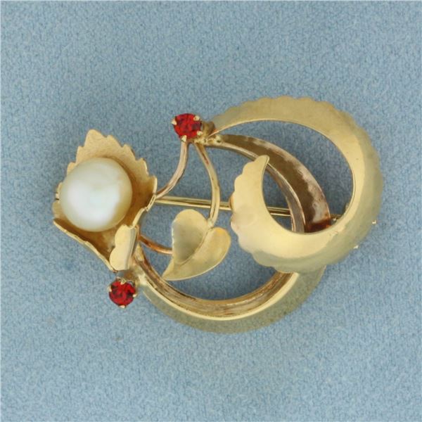 Cultured Akoya Pearl and Red Topaz Flower Brooch Pin in 18K Yellow Gold