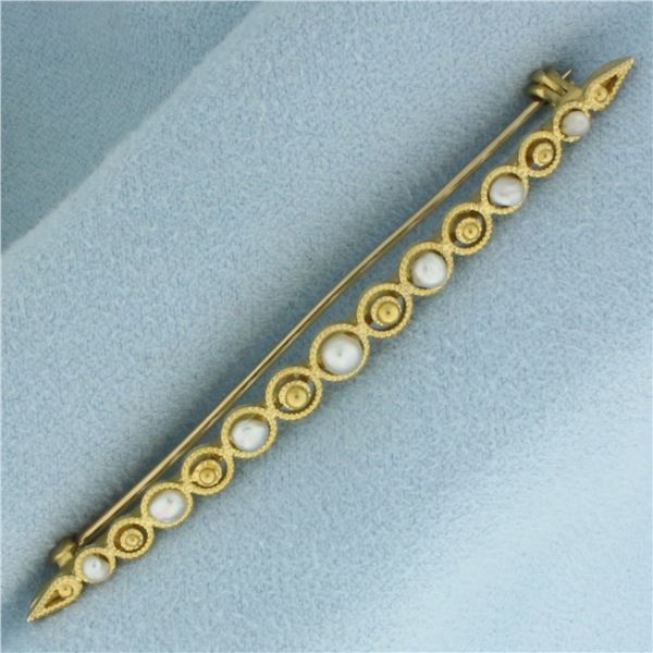 Seed Pearl Bar Pin Brooch in 14K Yellow Gold