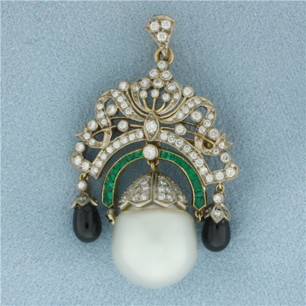 Vintage Southsea Pearl, Emerald, and Diamond Pendant or Brooch Pin in 18K Yellow Gold