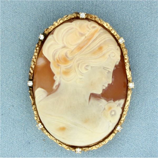 Vintage Large Diamond Shell Cameo Pendant or Brooch Pin in 14K Yellow Gold