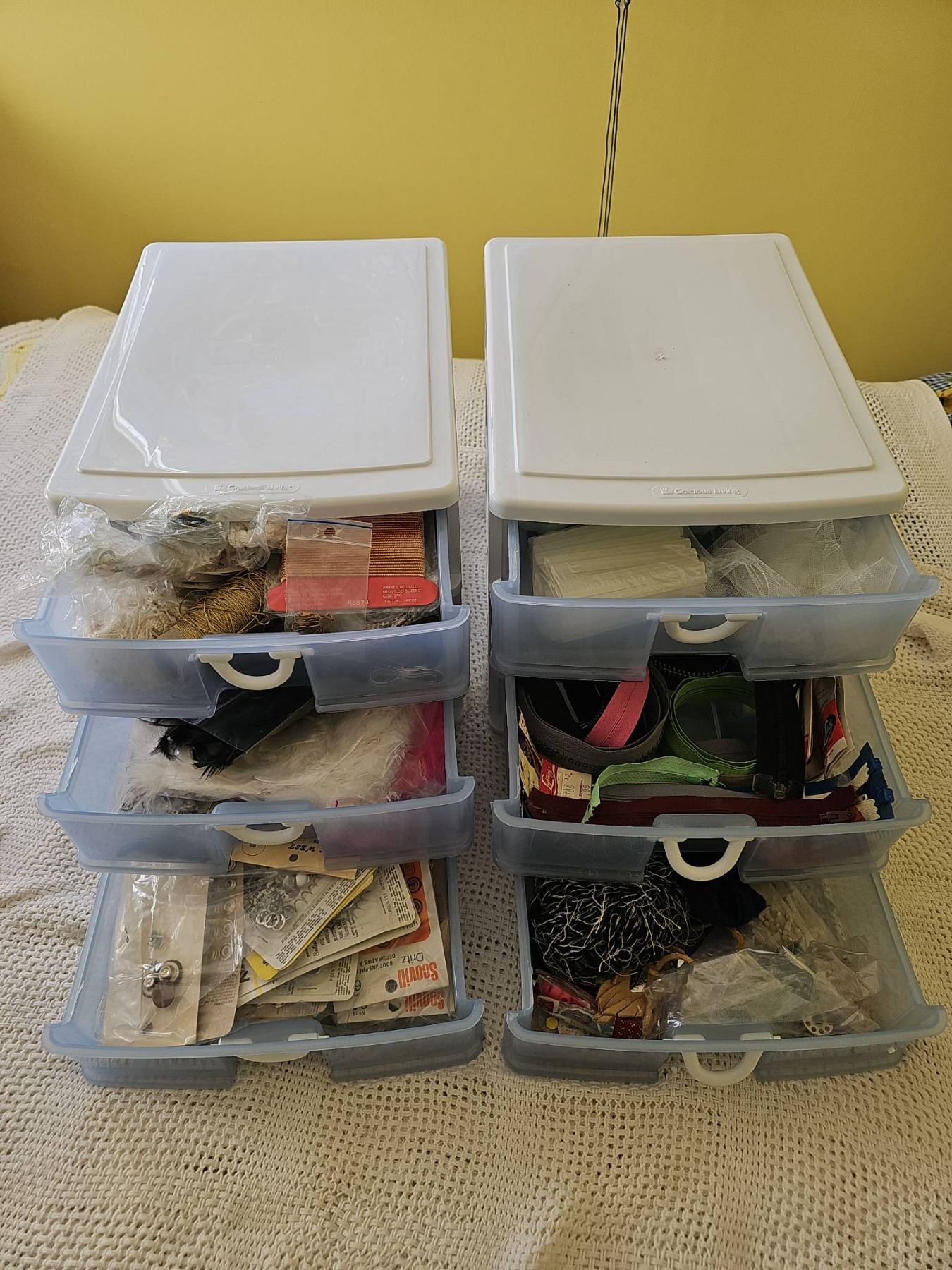 2 Three-Drawer Plastic Storage Units with Assorted Craft Supplies ...