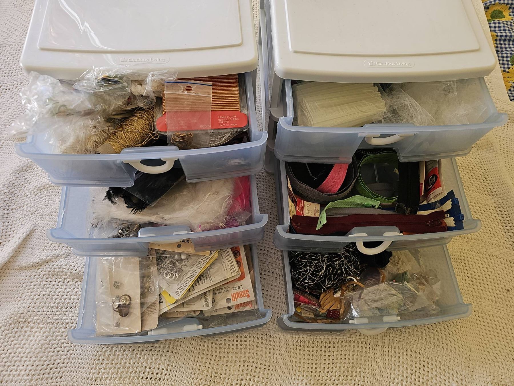 2 Three-Drawer Plastic Storage Units with Assorted Craft Supplies ...