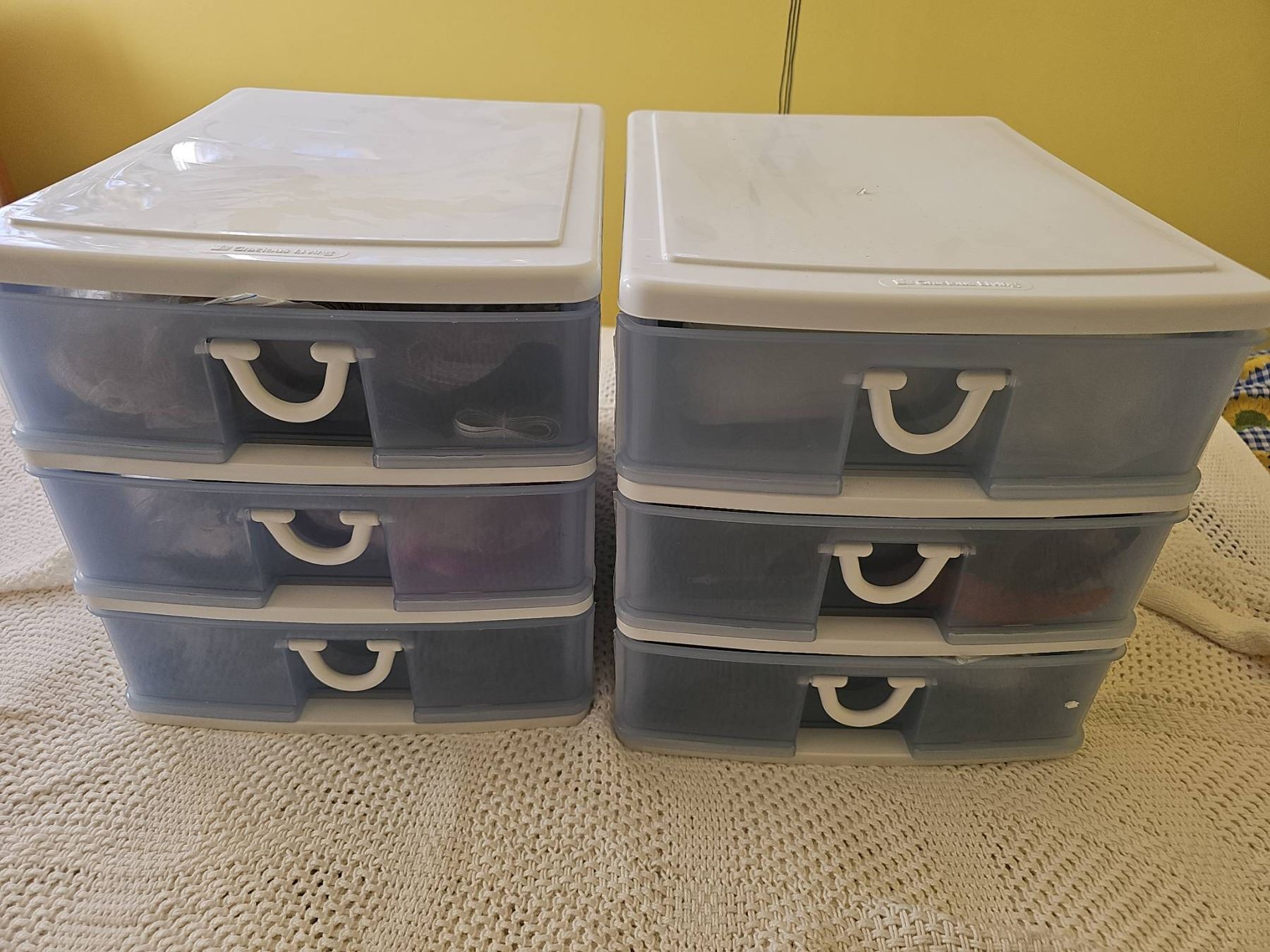 2 Three-Drawer Plastic Storage Units with Assorted Craft Supplies ...