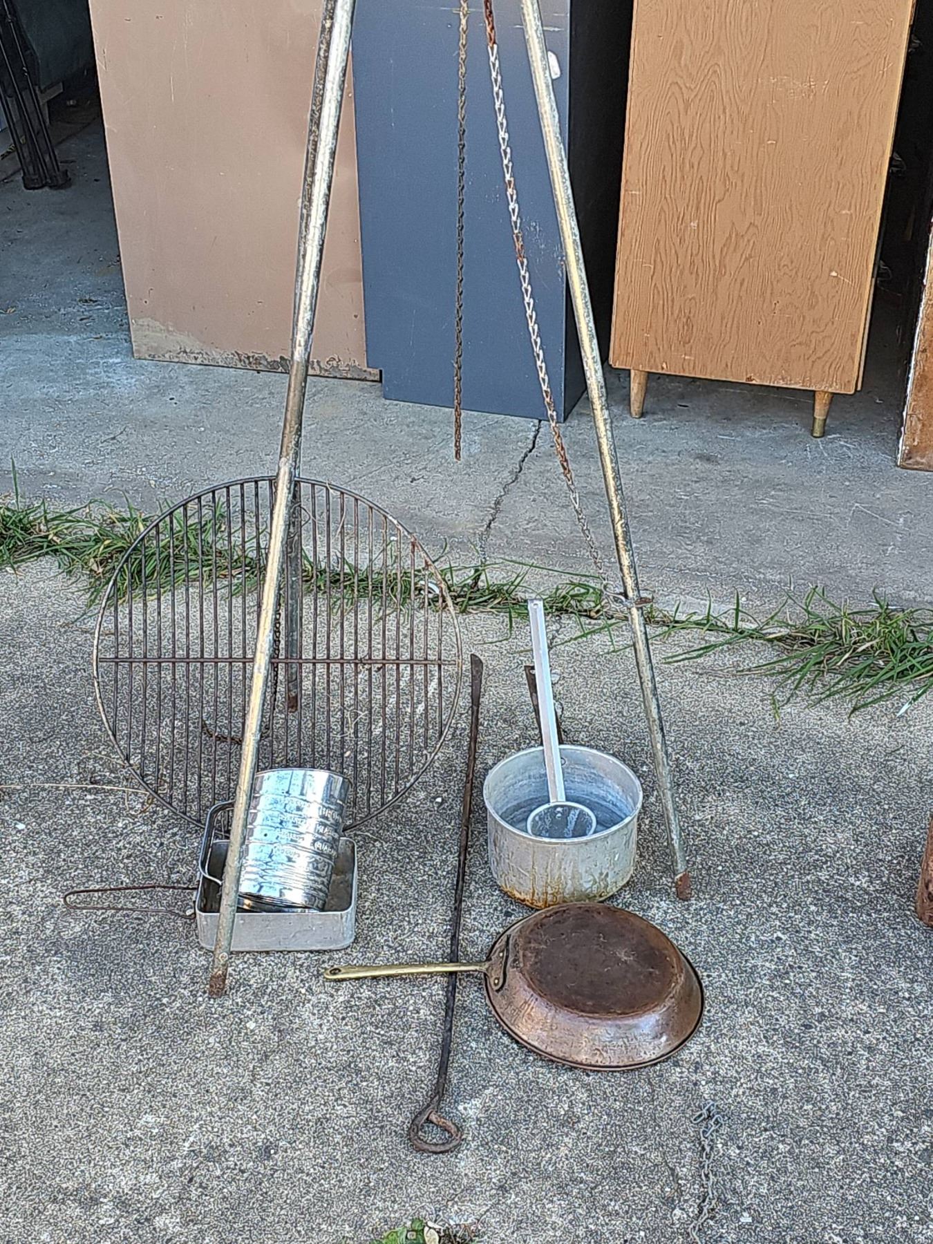 Campfire Cooking Tripod With Grill Grate, Metal Pots, Sifter, Skillet ...