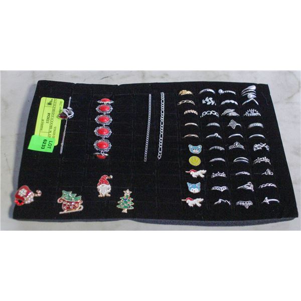 TRAY W/ BROOCH AND BRACELETS AND RINGS