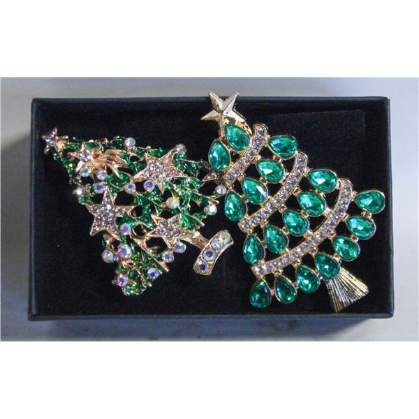 NEW 2 CHRISTMAS TREE BROOCH W/CLEAR RHINESTONES