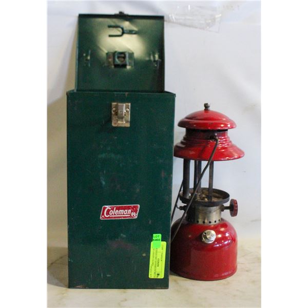 COLEMAN 200 LANTERN IN METAL CASE (NEEDS GLOBE)