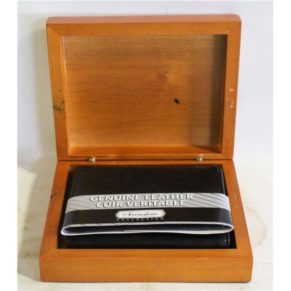 GENUINE LEATHER WALLET "SCRIMSHAW" DESIGN WOODEN-