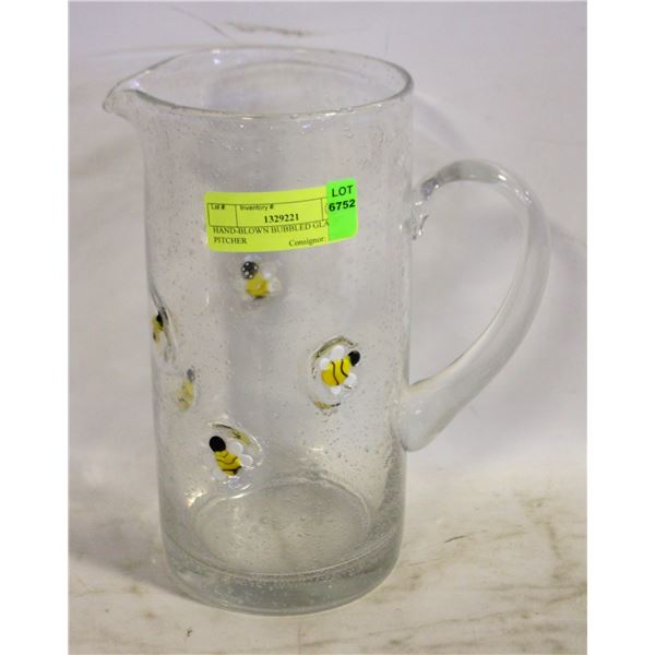 HAND-BLOWN BUBBLED GLASS PITCHER