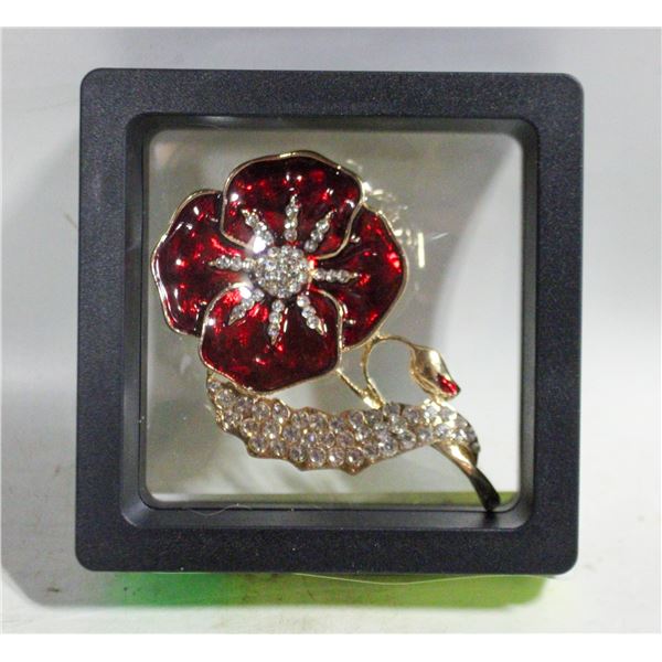 NEW LARGE POPPY BROOCH RHINESTONE