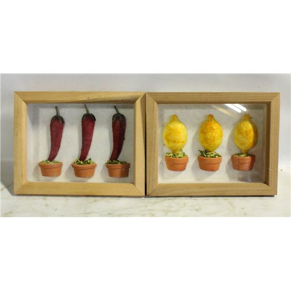 TWO HANGING FOOD-THEMED SHADOW-BOX ART