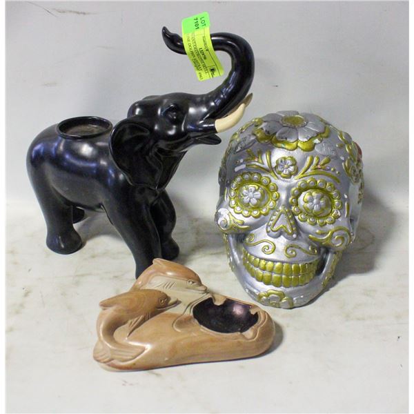 ELEPHANT/DECORATIVE SKULL W/STONE DOLPHIN ASHTRAY