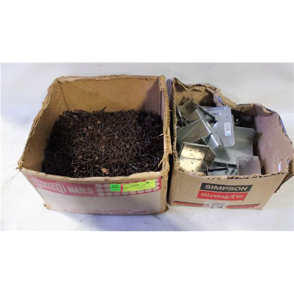 BOX OF NAILS (RUSTY) AND BRACKETS