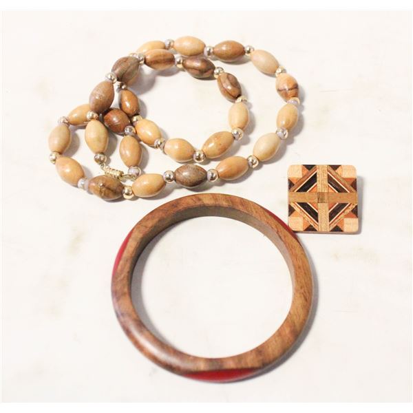WOOD JEWELRY SET NECKLACE BANGLE BROOCH