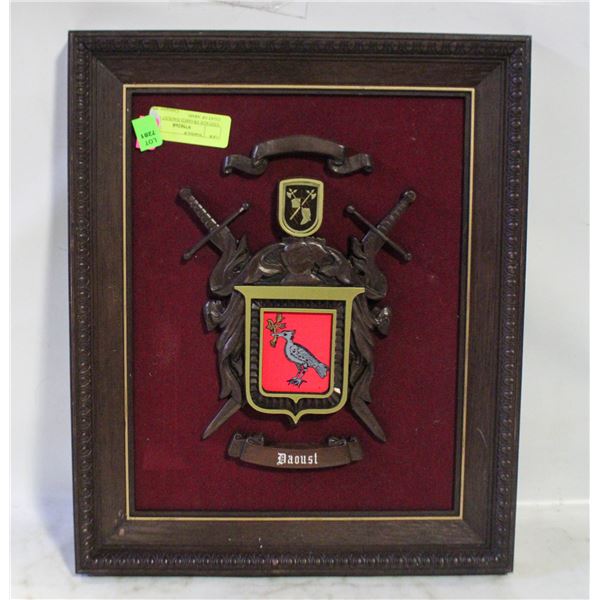 VINTAGE FRAMED DAOUST FAMILY COAT OF ARMS 14.5" X
