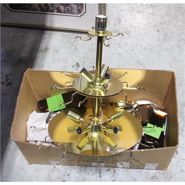 VINTAGE BRASS/METAL + GLASS PANEL CHANDELIER HARD-
