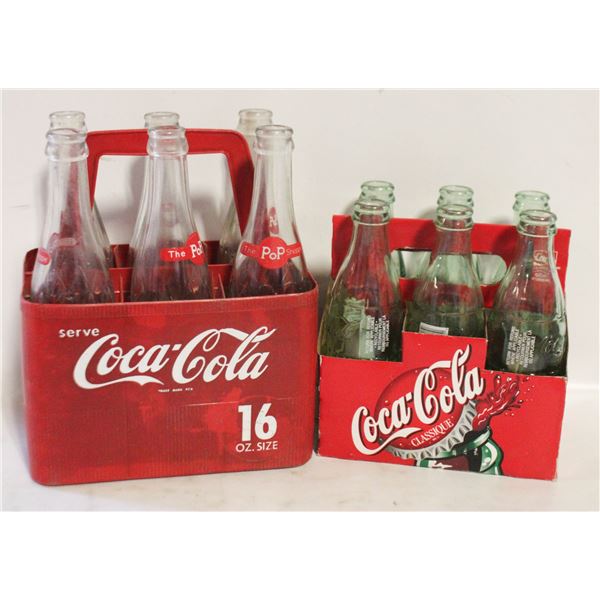 6 GREEN GLASS COKE BOTTLES IN CARRIER &