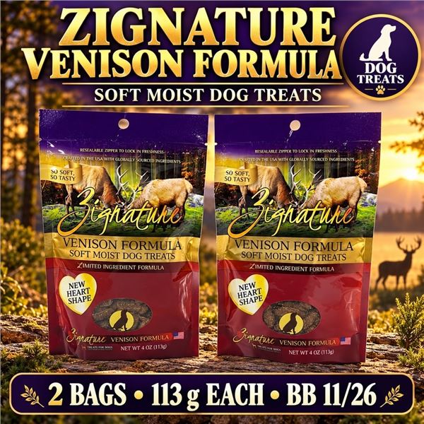 2 BAGS ZIGNATURE VENISON DOG TREATS BB 11/26
