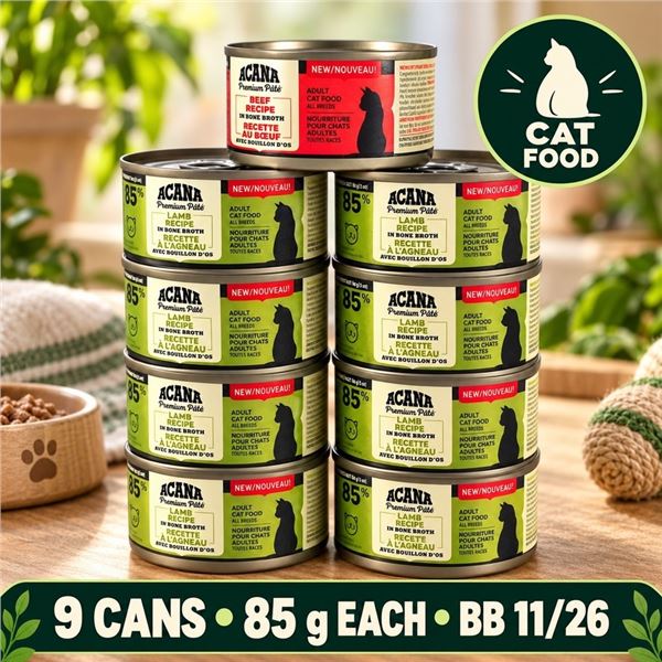 9 CANS ACANA LAMB & BEEF CAT FOOD BB 11/26