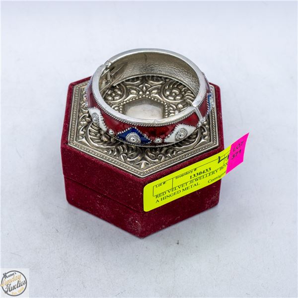 RED VELVET JEWELLERY BOX WITH A HINGED METAL