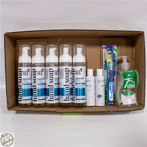 BOX WITH NEW PUMP HAND SOAPS, SANITIZER, HAIR