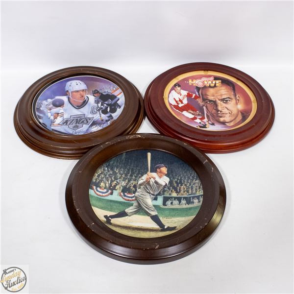 SPORTS PLATES WITH FRAMES - GRETZKY, HOWE, BABE