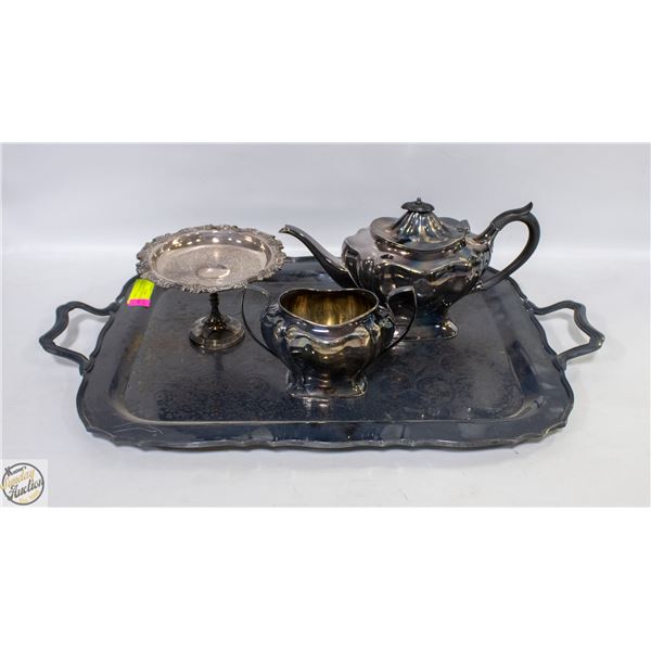 VINTAGE EPNS SERVING TRAY WITH TEAPOT AND DISH