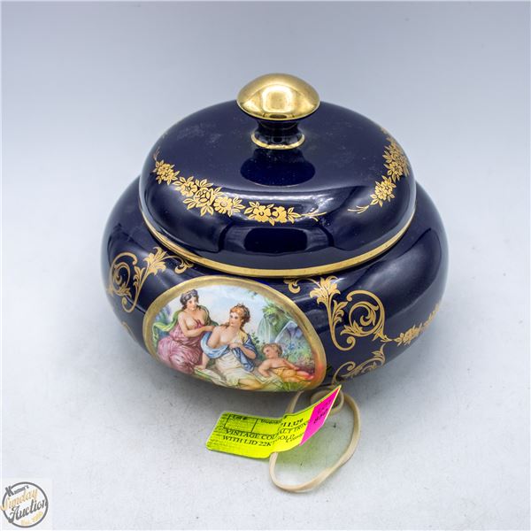 VINTAGE COBALT TRINKET BOX WITH LID 22KT GOLD