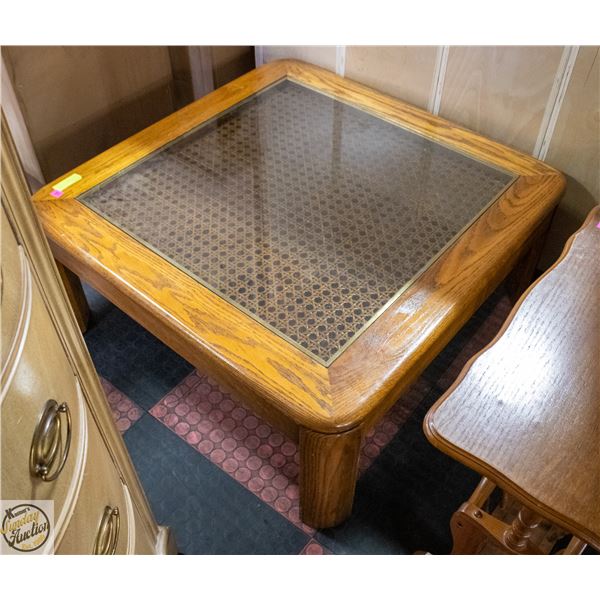 VINTAGE OAK/CANE INLAY COFFEE TABLE- 36 X 36 X 16