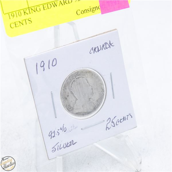 1910 KING EDWARD 92.5% SILVER 25 CENTS