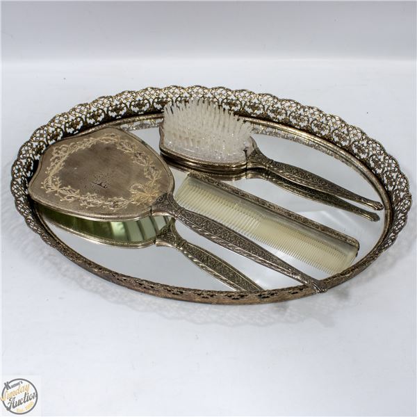 VINTAGE BRUSH, COMB, MIRROR WITH MIRRORED TRAY