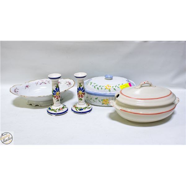 ASSORTED VINTAGE SOUP TOUREEN, CANDLE HOLDERS,
