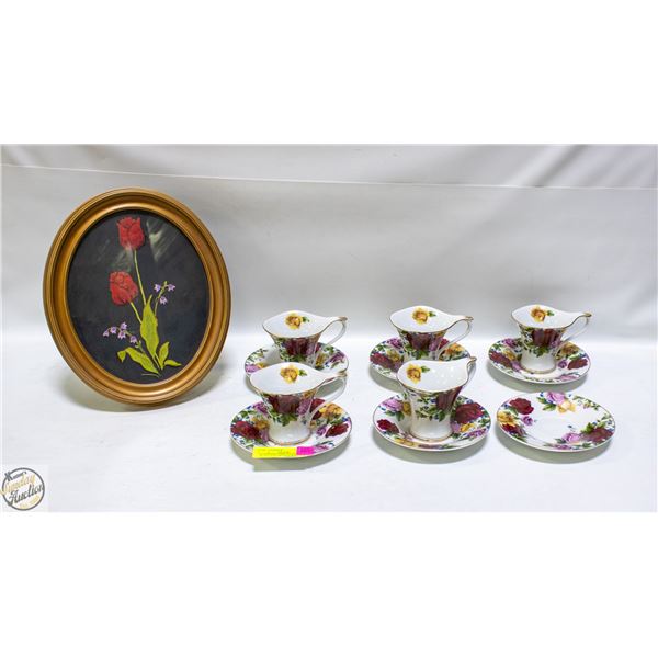 HANDMADE EMBROIDERED ROSE MOTIF OVAL FRAMED WALL