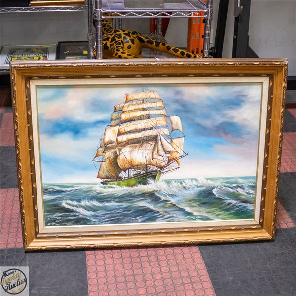 FRAMED OIL ON CANVAS "SAILING SHIP" 28" X 44"