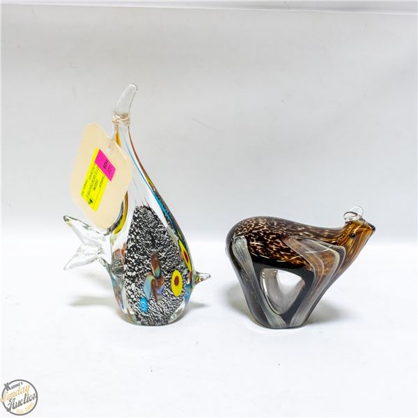 LOT OF 2 GLASS BLOWN FISH & MOUSE FIGURINES
