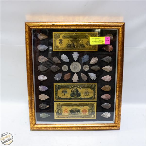 FRAMED DISPLAY OF 30 ARROWHEADS, COINS UNVERIFIED