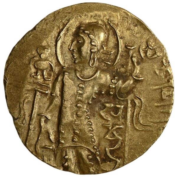 Samudragupta Gupta Dynasty, Samudragupta Gold Dinar, "Javelin" Type (ca. AD 344-378) - King Wearing 