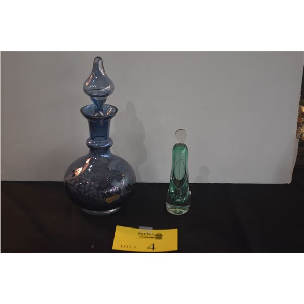 VINTAGE DECANTER W/ETCHED FLORAL & GRAPEVINE DESIGN & VINTAGE PERFUME BOTTLE; SIGNED BRONSON, 1993 (
