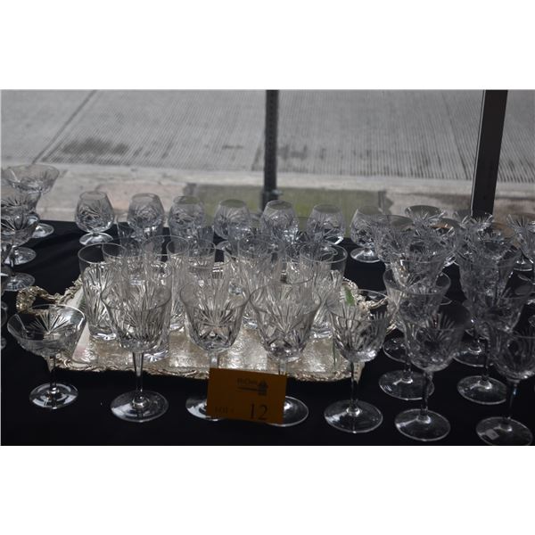 VINTAGE CUT CRYSTAL STEMWARE & GLASSWARE IN THE CHERRYWOOD PATTERN BY GORHAM W/TRAY (62 PCS)