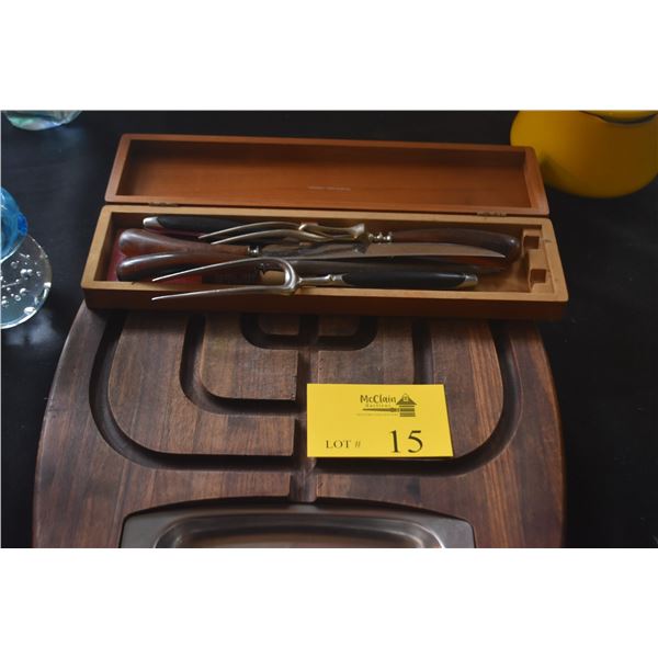 VINTAGE MID CENTURY MODERN WOODEN CARVING/SERVING TRAY W/CARVING SETS