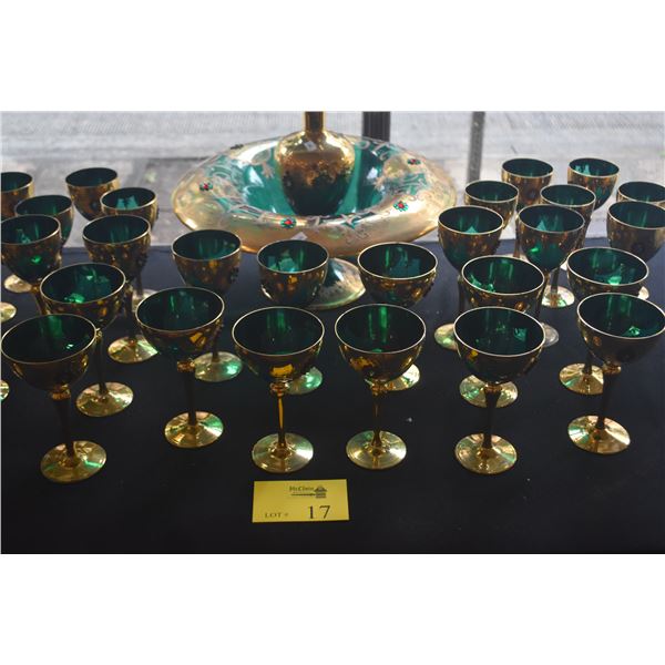VINTAGE GREEN & GOLD BOHEMIAN STYLE STEM GLASSES , COMPOTE & DECANTER SET (37 PCS)