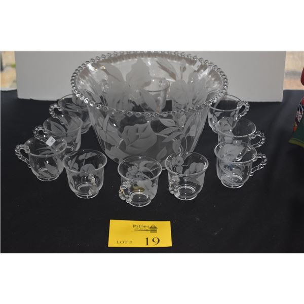 VINTAGE ETCHED GLASS PUNCHBOWL & GLASSES (13 PCS)