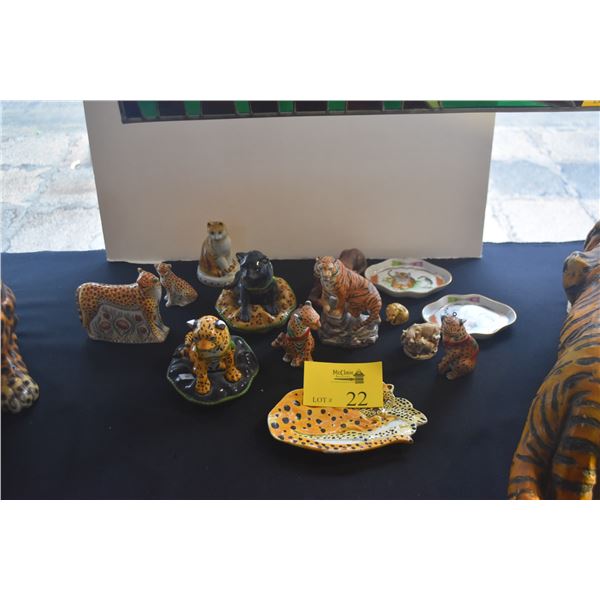 COLLECTION OF TIGERS, BLACK PANTHER, CHEETAH STATUARY & DISHES (14 PCS)