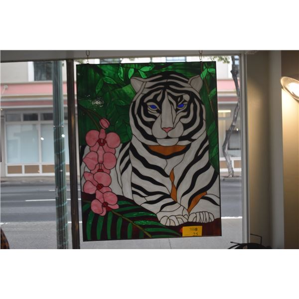 STAINED GLASS PANEL OF WHITE TIGER (30" X 37 3/4")